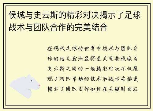 侯城与史云斯的精彩对决揭示了足球战术与团队合作的完美结合
